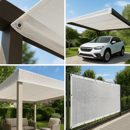 Toile d'ombrage en PVC micro-perforé avec œillets tous les 50 cm – durable et personnalisable