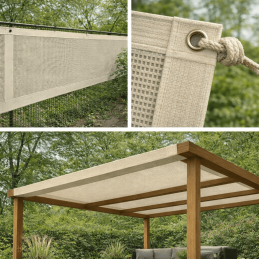 Toile d'ombrage en PVC micro-perforé avec œillets tous les 50 cm – durable et personnalisable